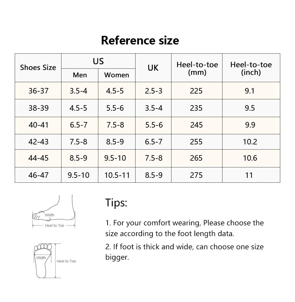 Reference size chart for shoes with measurements in US, UK, and millimeters.